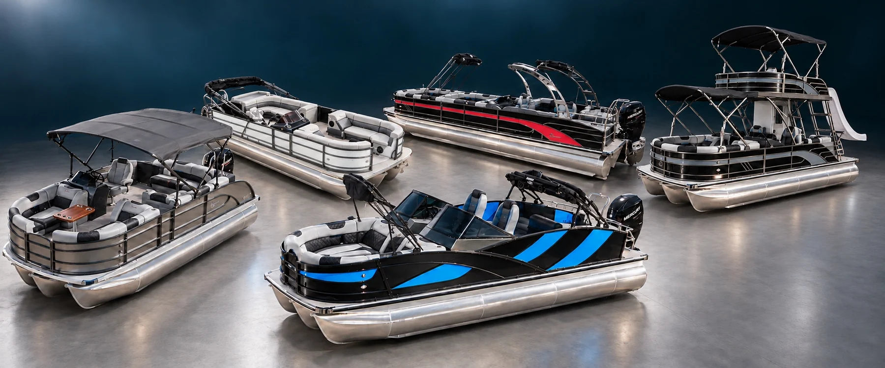 Five Massimo Marine boat series arranged in a studio: P-22, 24 ft, T-25, T-30 and Double Decker. Studio lineup.